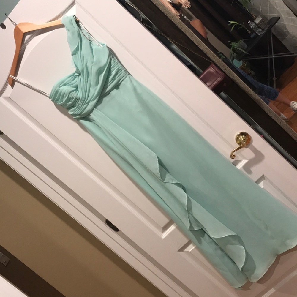 David’s Bridal, mint, one strap bridesmaids dress